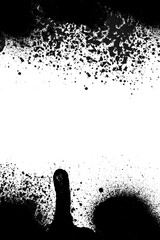 Dark aerosol paint texture in black with dripping grunge lines and scattered splatter. Designed on transparent background for urban graphics.
