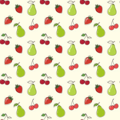 Pattern 7: Summer Mix
Cherry, strawberry & pear scattered mix – seamless light‑yellow summer vector pattern