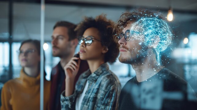 Diverse group envisioning innovation: technology, collaboration, and the digital transformation of modern business with projected brain.