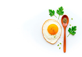 Minimal breakfast composition with sunny-side-up egg and herbs for food design, wellness lifestyle or recipe blogs