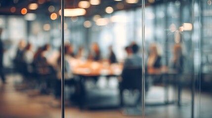 Abstract view of a business meeting behind glass showing collaboration and professional environment with soft bokeh.