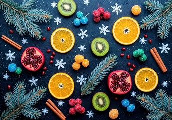 Vibrant Winter Fruit Slice Display with Spices, Perfect for Holiday Decor, Recipes, or Festive Ads