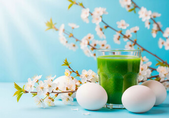 Spring flatlay with matcha powder, eggs and cherry blossoms for natural wellness, seasonal content or food branding