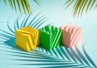 Colorful Cubes with Palm Shadows, Perfect for Tropical Ads, Design Projects, or Summer Promotions