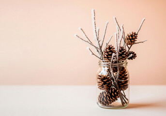 Rustic Pinecones in Jar with Frosted Twigs, Perfect for Winter Decor, Crafts, or Holiday Ads