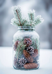 Frosted Pinecones and Branches in Jar, Ideal for Winter Decor, Holiday Crafts, or Nature Ads