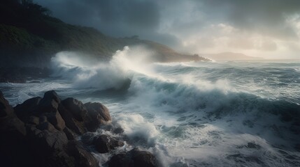 Dramatic Ocean Waves Crashing Shore.