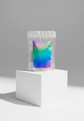 Iridescent Packaging Mockup on White Stand for Branding or Product Ads