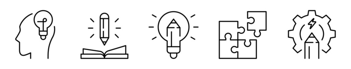 Conjunto de iconos de procesos creativos. Ideas y soluciones. Pensamiento crítico, boceto inicial, inspiración, conexión de ideas y ejecución 