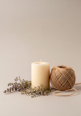 Cozy candle still life with twine and dried flowers for spa, relaxation, autumn decor or wellness branding visuals