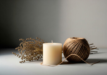 Cozy candle still life with twine and dried flowers for spa, relaxation, autumn decor or wellness branding visuals