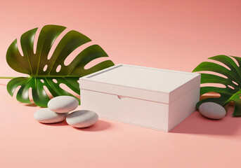 Tropical White Box with Monstera Leaves for Branding, Spa, or Gift Packaging