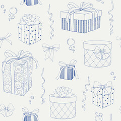 Vintage seamless pattern with gift boxes, bows, ribbons, bubbles. Blue beige. Hand drawn element. Elegant Linear vector background for design package, holiday, wrapping paper, decor new year, birthday