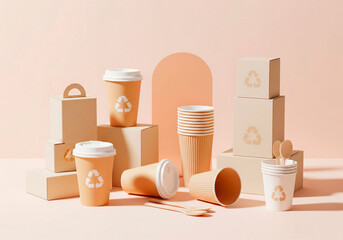 Kraft paper cups and packaging boxes for takeaway branding, eco food business or party event presentation