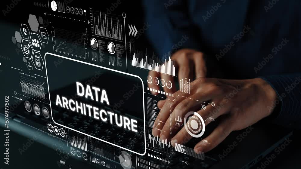Poster hands typing on laptop with data architecture graphics and digital elements in a modern workspace se