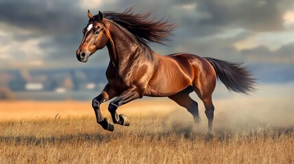 Obraz premium Majestic chestnut horse gallops through golden field under dramatic sky