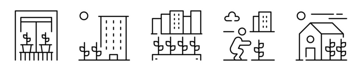 Conjunto de iconos de agricultura urbana. Cultivo de plantas. Huerto, zona verde, jardines urbanos, cuidado de plantas y cultivo en casa