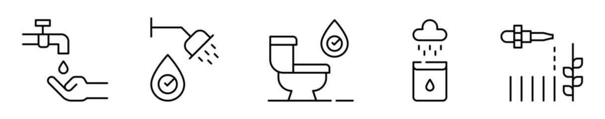 Conjunto de iconos de ahorro de agua. Sostenibilidad. Cerrar el grifo, ducha ahorradora, inodoro eficiente, recolección de lluvia y riego sostenible. Ilustración vectorial