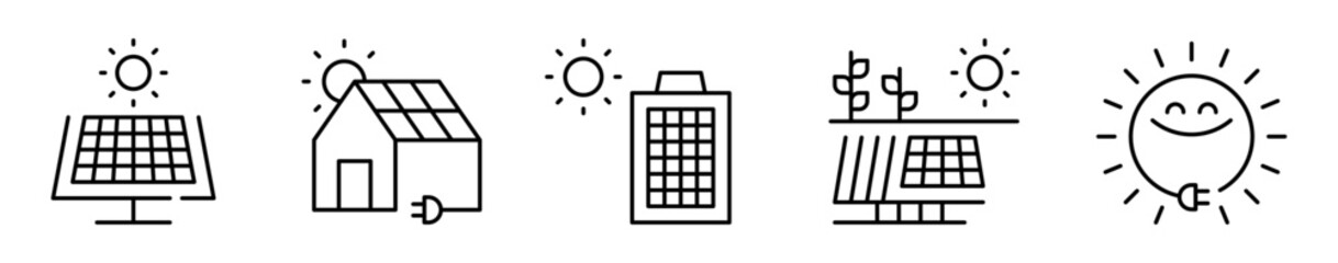 Conjunto de iconos de energía solar. Energía renovable. Panel solar, casa ecológica, sistema de captación, cultivo sostenible y conexión. Ilustración vectorial 