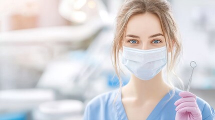 Calm and Collected Dental Care: A confident and serene dental professional, attired in medical scrubs and mask, holds dental tools.
