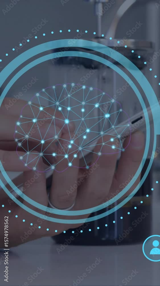 Poster animation of ai data processing over caucasian man using smartphone