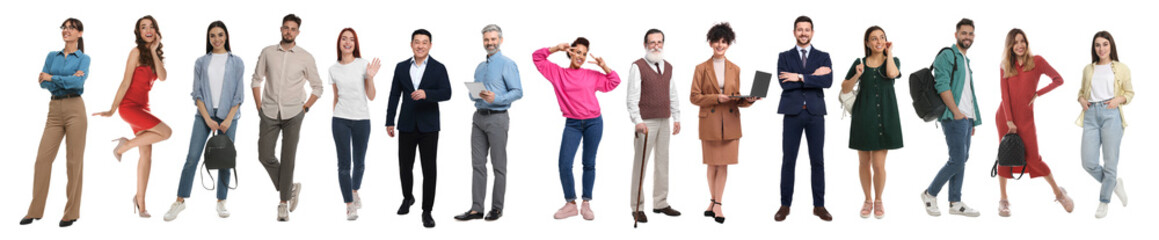 Obraz premium Different people on white background. Full-length portraits