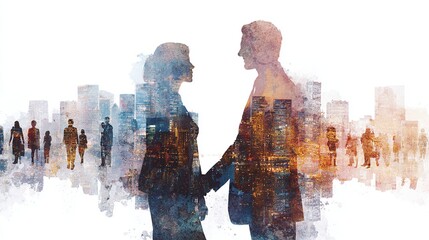Business Collaboration: A powerful image of two executives shaking hands over an artistic rendering of urban development and teams working