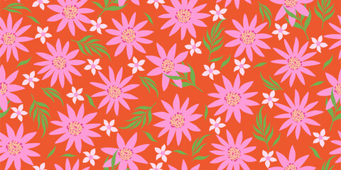 Tropical summer floral seamless pattern pink daisy flowers and green leaves for textiles, wallpaper, wrapping paper, fabric, fashion, design exotic botanical background vector illustration
