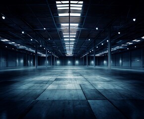 Vast empty warehouse blue monotone scene