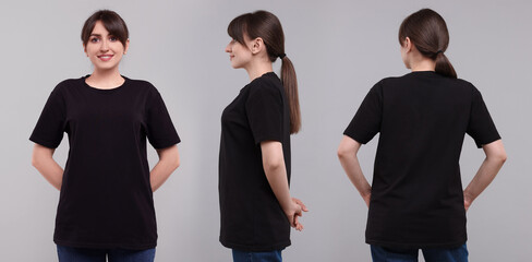 Obraz premium Woman in black t-shirt on grey background. Back, side and front view. Mockup for design
