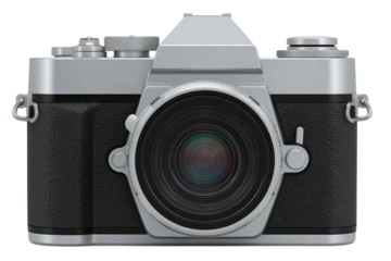 Silver camera, studio shot, product photography, clean background, website banner