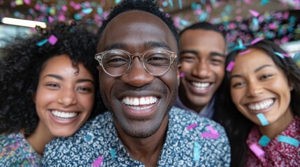 Joyful Celebration Selfie: A group of happy friends celebrate with confetti falling around them, smiles and laughter fill the frame.