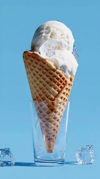 Melting ice cream cone in glass against blue sky with ice cubes on a sunny day