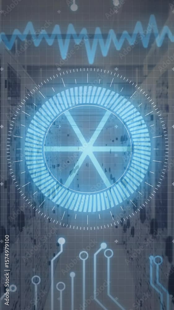 Poster digital circuit patterns and data processing animation over server room background