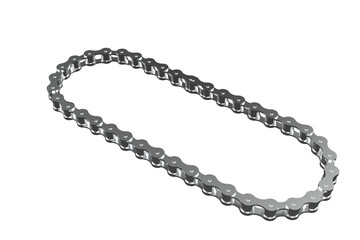 Curved Steel Metal Roller Chain 3D Render - Isolated Industrial Drive Transmission Mechanical Engineering Component Design on Transparent Background. Realistic High Quality Technology Illustration.