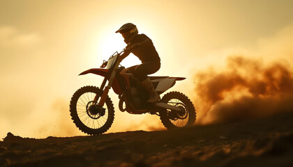 Obraz premium Silhouette of motocross rider leaning forward, glowing halo and dust cloud in sunlit haze. 