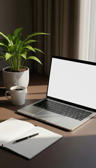 Fototapeta premium Calm morning scene of laptop and coffee on wood surface with light