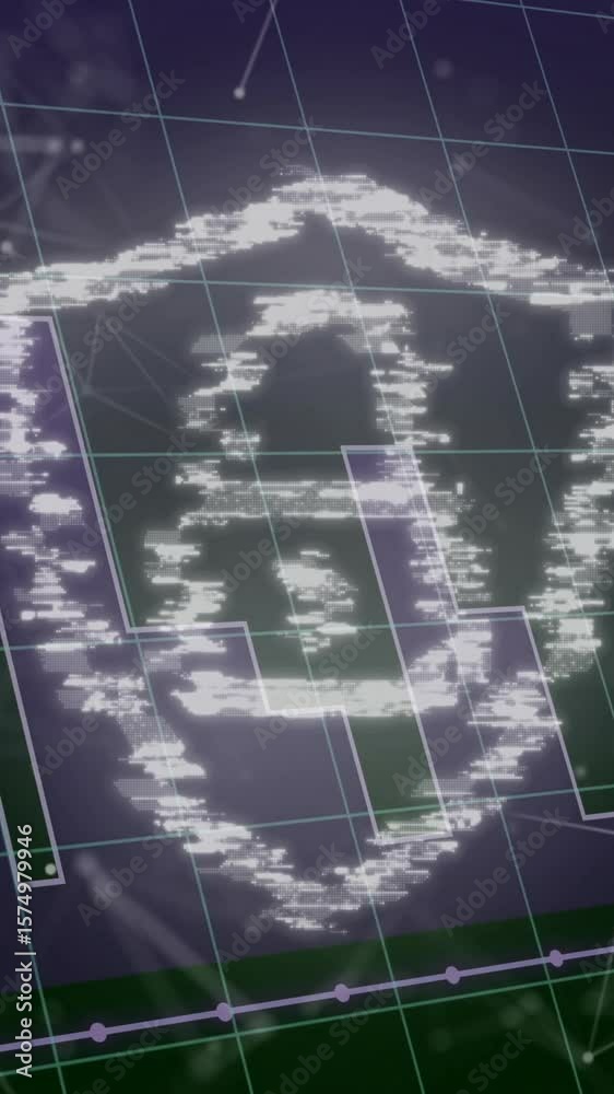 Poster digital security shield with fingerprints overlaying data grid in animation style