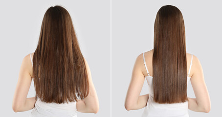 Naklejka premium Hair combing, straightening. Woman showing hairstyle before and after different procedures on light background, back view. Collage of photos