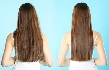 Fototapeta premium Hair combing, straightening. Woman showing hairstyle before and after different procedures on light blue background, back view. Collage with photos