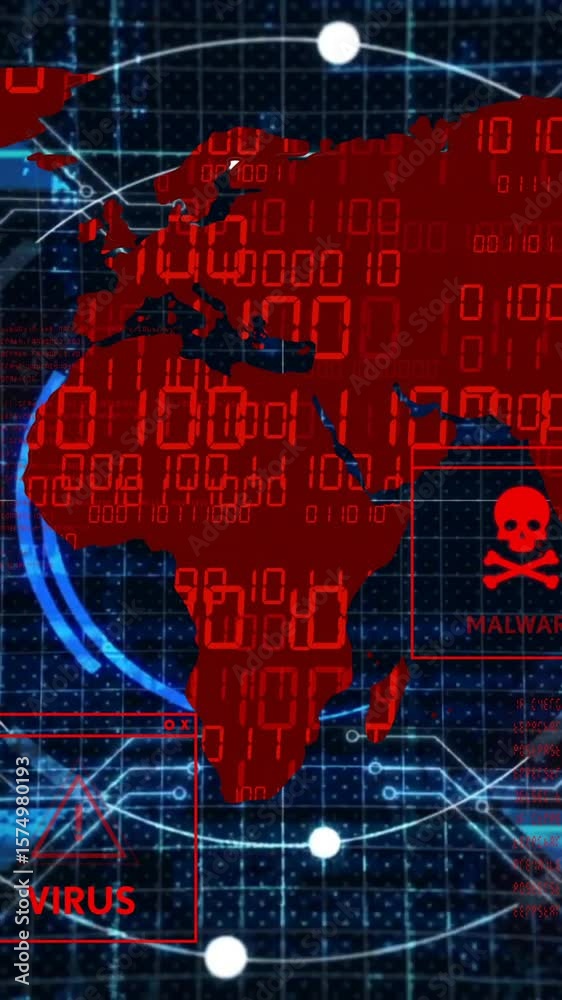 Poster animation of world map with virus warnings over digital binary code background