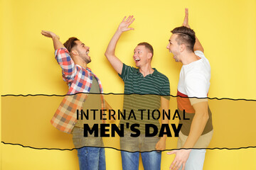 International Men's Day card. Happy men giving high five against yellow background