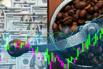 Coffee price rising. Dollars, roasted coffee beans in grinder, and graph. Double exposure