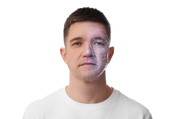 Facial recognition system. Scanning man's face for authentication against white background
