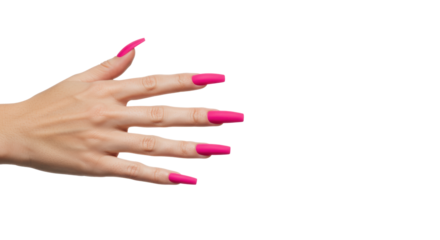Light-skinned female hand, meticulously groomed, featuring long, coffin-shaped, vibrant fuchsia pink matte artificial nails, isolated on a transparent background with extensive copy space, even studio