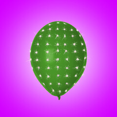 Green balloon covered with cactus prickles on violet gradient background
