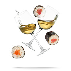 Wine in glasses and sushi rolls falling on white background