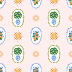 Summer seamless pattern with lemon tree in vase, tangerine fruits with ribbon and sun motifs. Hand drawn Mediterranean vector design. Citrus fruit. Italian design for textile, wallpaper, wrapping