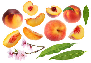 Ripe juicy peaches, blossoms and green leaves on white background, collage