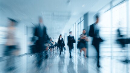Blurred motion captures busy professionals walking swiftly through modern office building hall with large windows casting blue light.